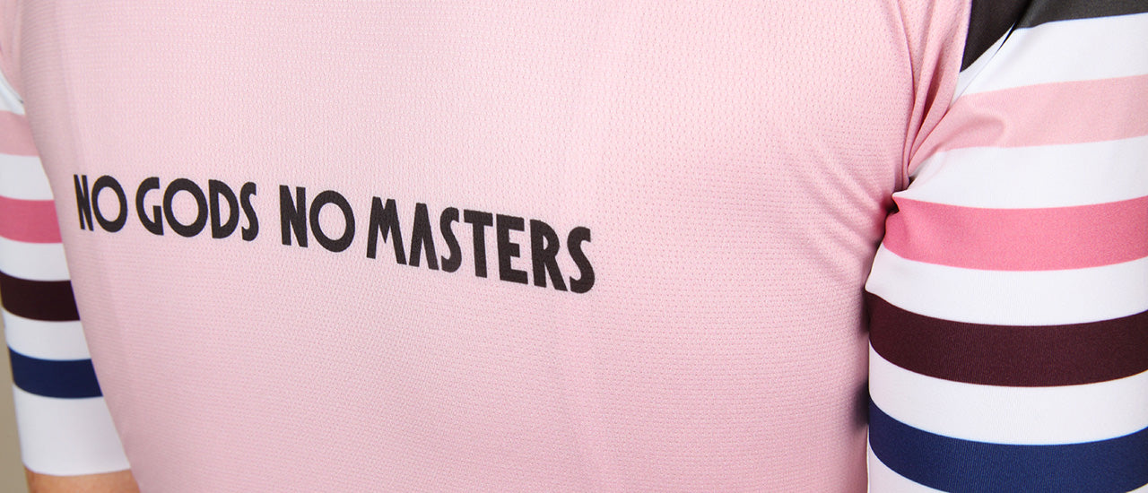 NGNM Stripes jersey rose quartz multi-colour sleeves logo back no gods no masters cycling