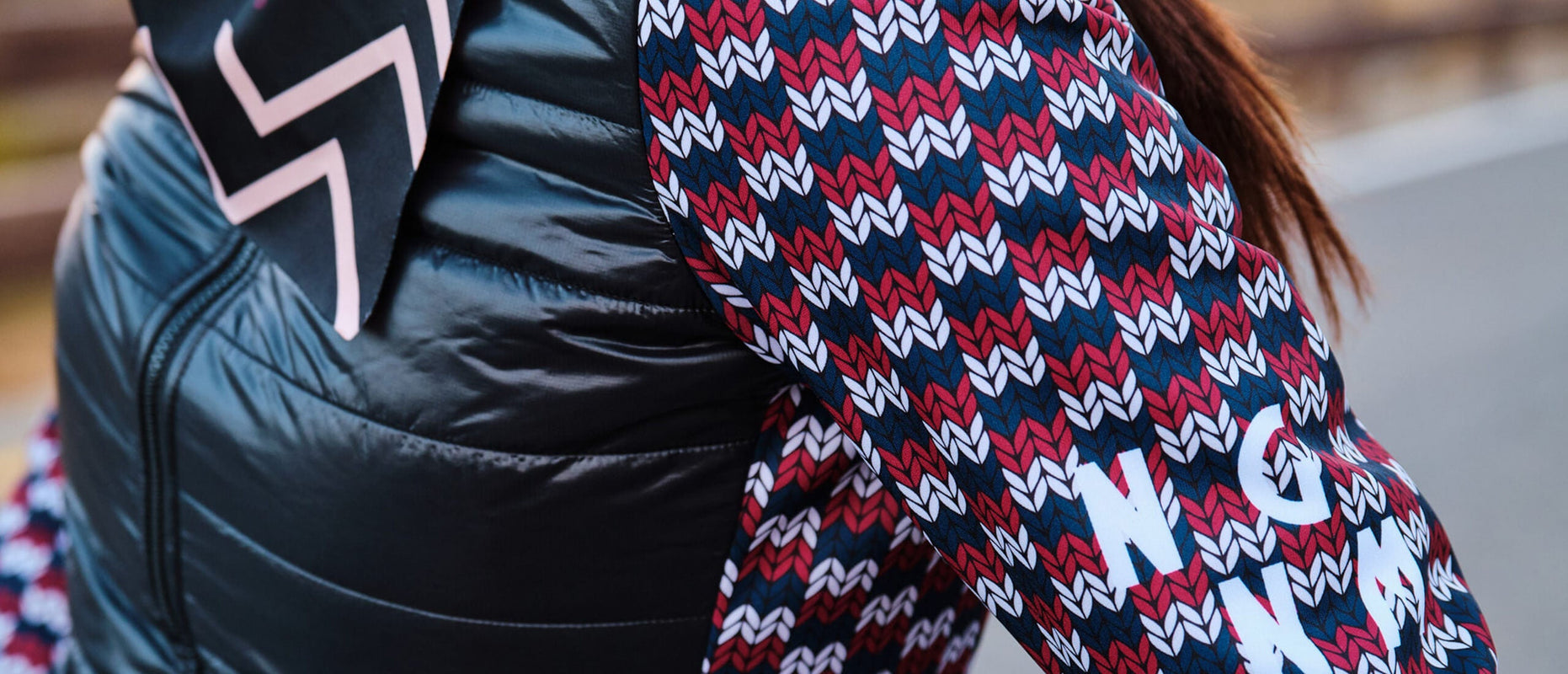 winter puff jacket tricot knitwear print red navy blue