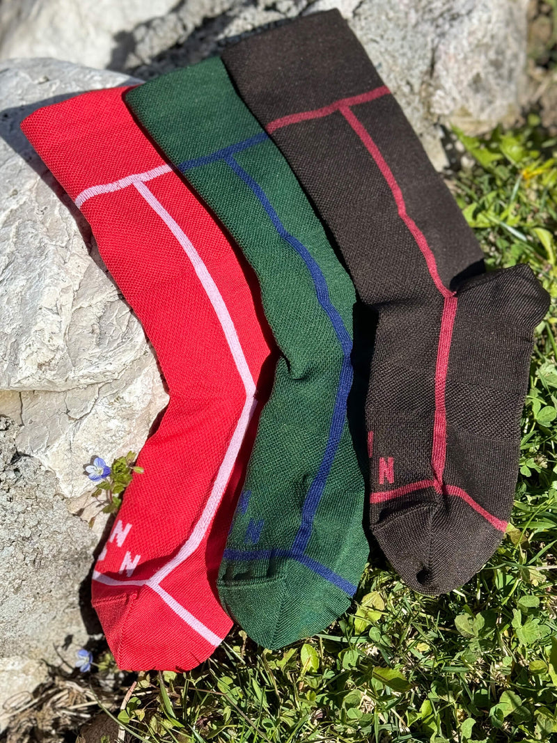 T-section socks red green and brown