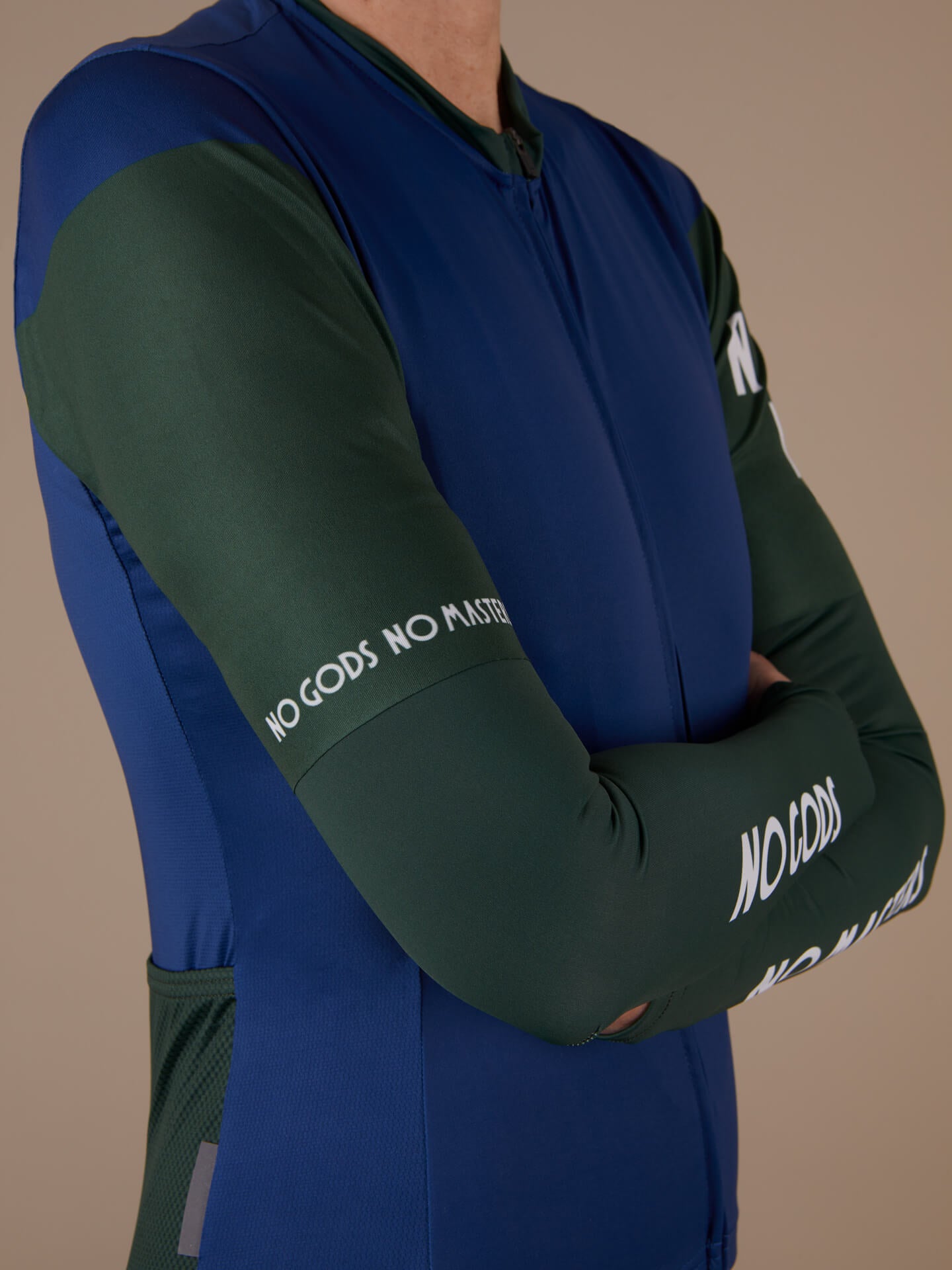 arm warmers pine green white logo sleeves extention