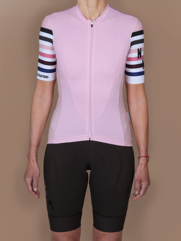 NGNM Stripes cycling jersey rose quartz front performance brown bib shorts multi-colour stripes