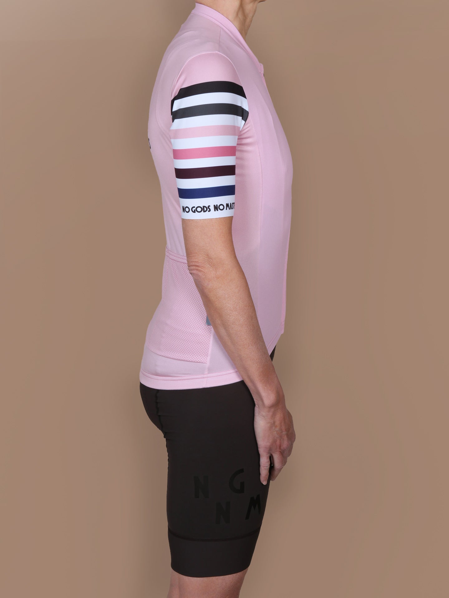 NGNM Stripes cycling jersey rose quartz sleeve no gods no masters logo multi-colour